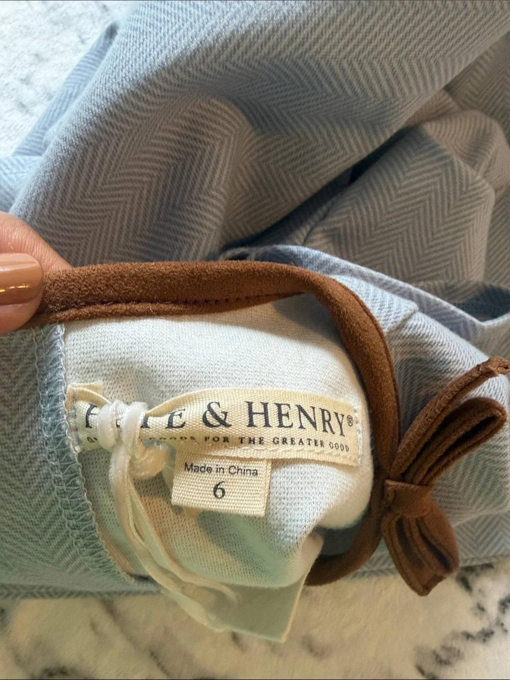 Hope & Henry Little Girls Light Blue Ponte A-Line Dress with Brown Trim Size 6.